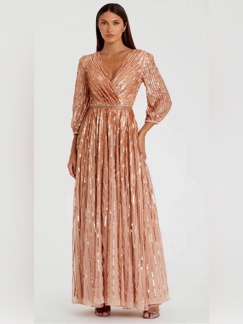 Mac Duggal Rose Gold Sequin Long Sleeve Maxi Gown